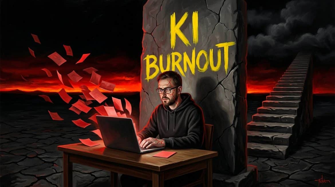 Rote Wüste, erschöpfter Entwickler am Laptop vor gelbem Schriftzug KI BURNOUT