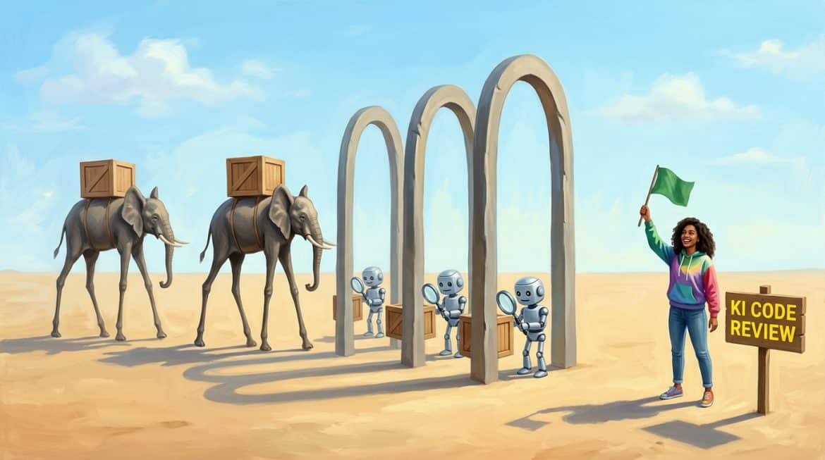 Gemälde im Dalí Stil: Elefanten tragen Kisten durch drei Prüfbögen mit Robotern zur Freigabe