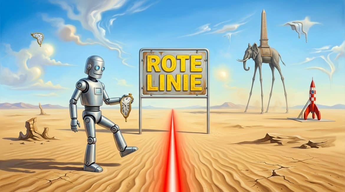 Surreales Gemälde: Roboter stoppt an roter Linie in der Wüste, Schild Rote Linie