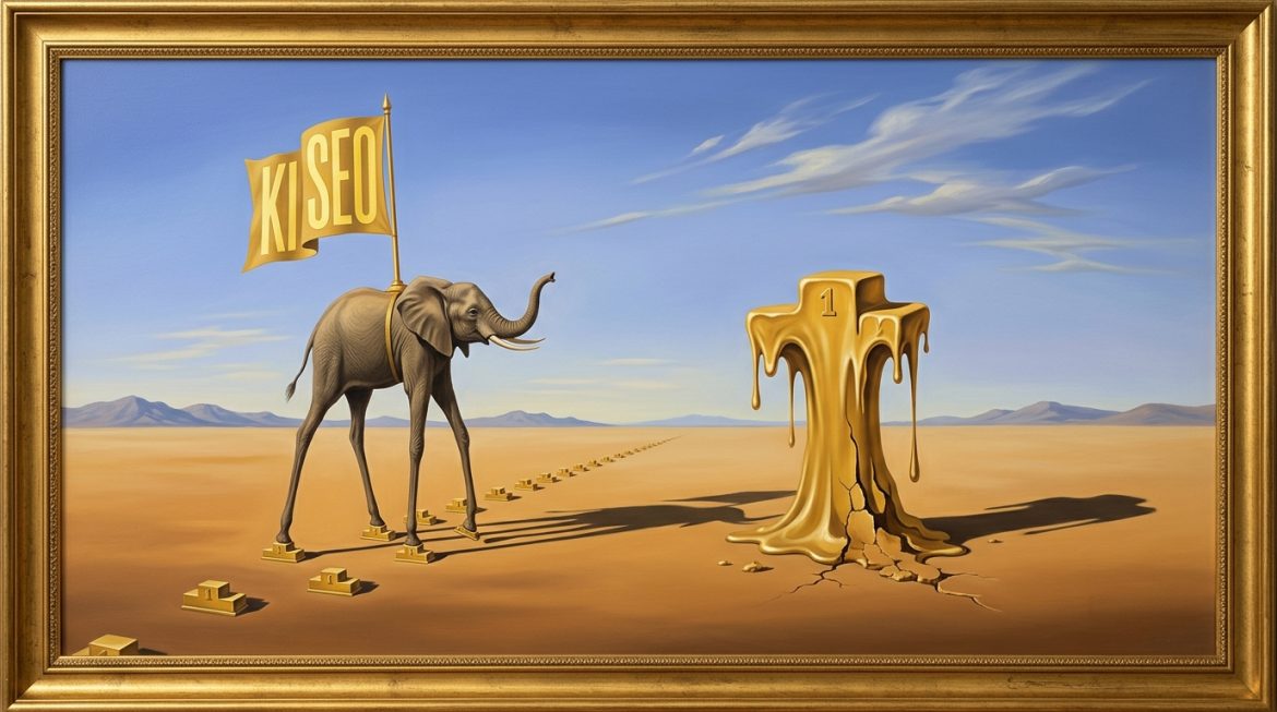 Surrealer Elefant mit KI SEO Fahne stempelt Kopien, das Original Podest schmilzt