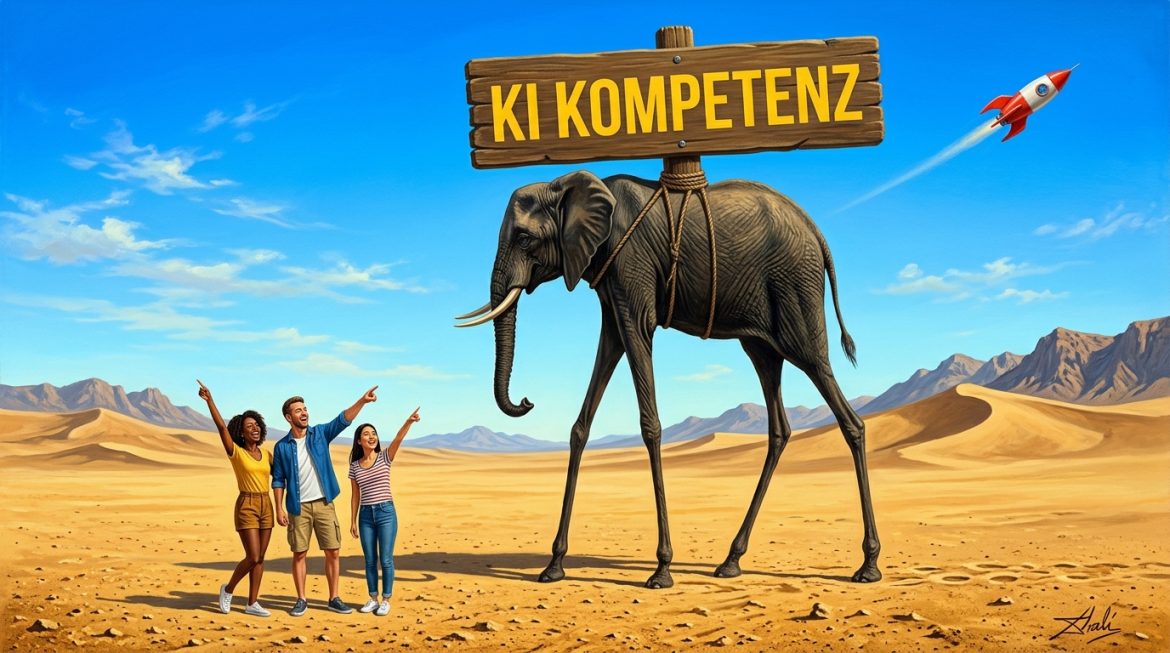 Surreales Gemälde: Dalí Elefant trägt Schild KI Kompetenz, Team zeigt hinauf
