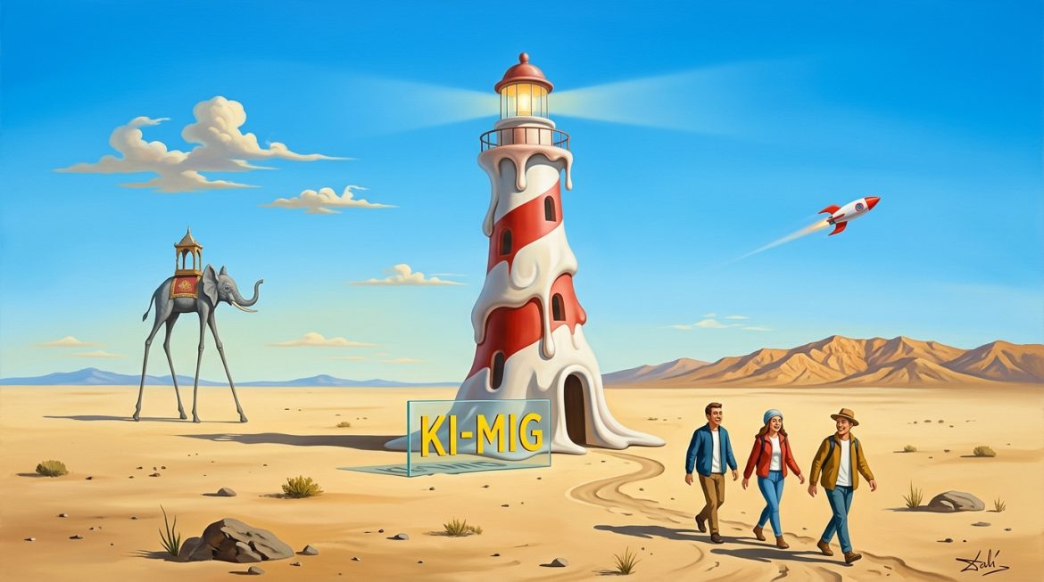 Surreales Gemälde: Leuchtturm in der Wüste führt Menschen, Schild KI-MIG