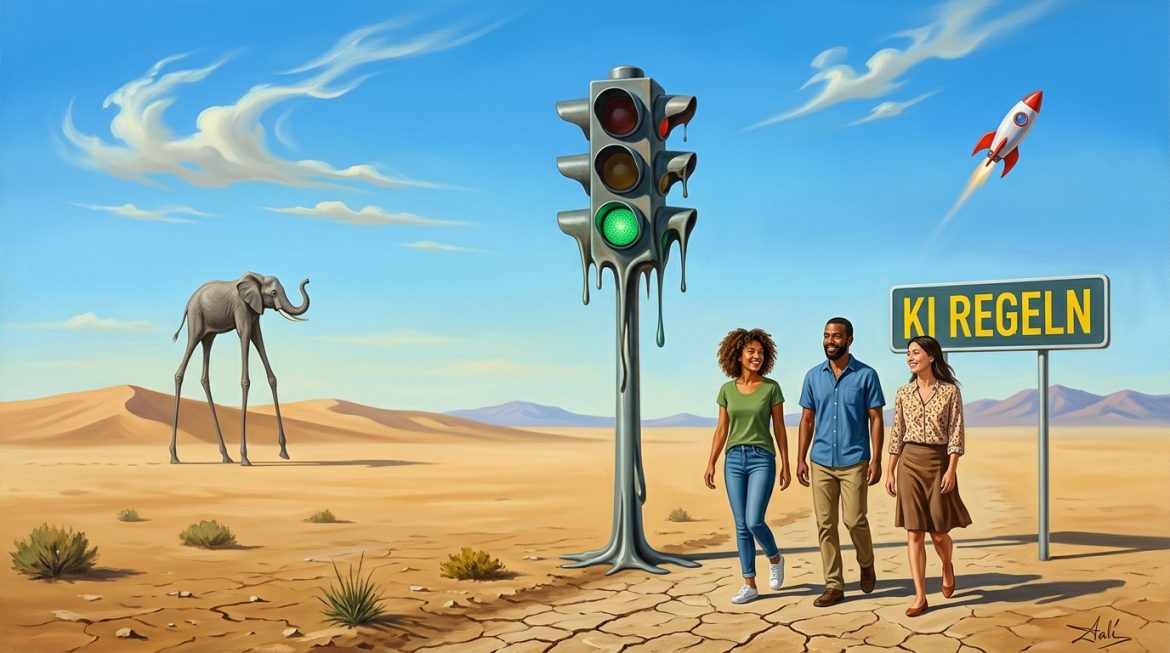 Surreales Gemälde: grüne Ampel, Schild KI Regeln, Team geht in der Wüste vorbei