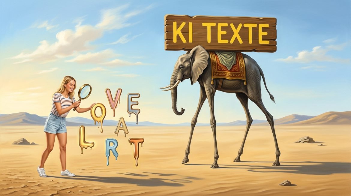 KI Bild, surreal: Elefant mit Schild KI Texte, Frau prüft Buchstaben mit Lupe
