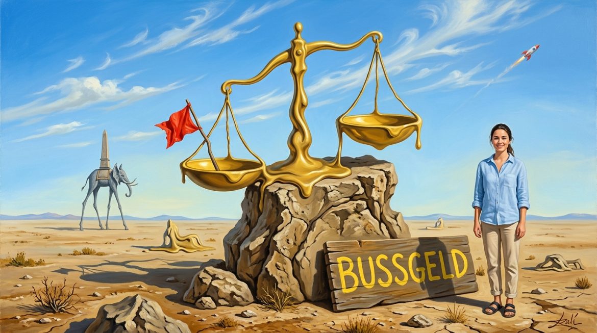 Surreales Gemälde: schmelzende goldene Waage, Schild Bußgeld, ruhige Frau daneben