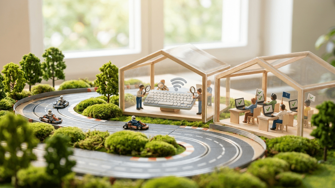 Bunte Miniatur: Kartbahn, daneben zwei Glashäuser mit Workshop Teams an Laptops