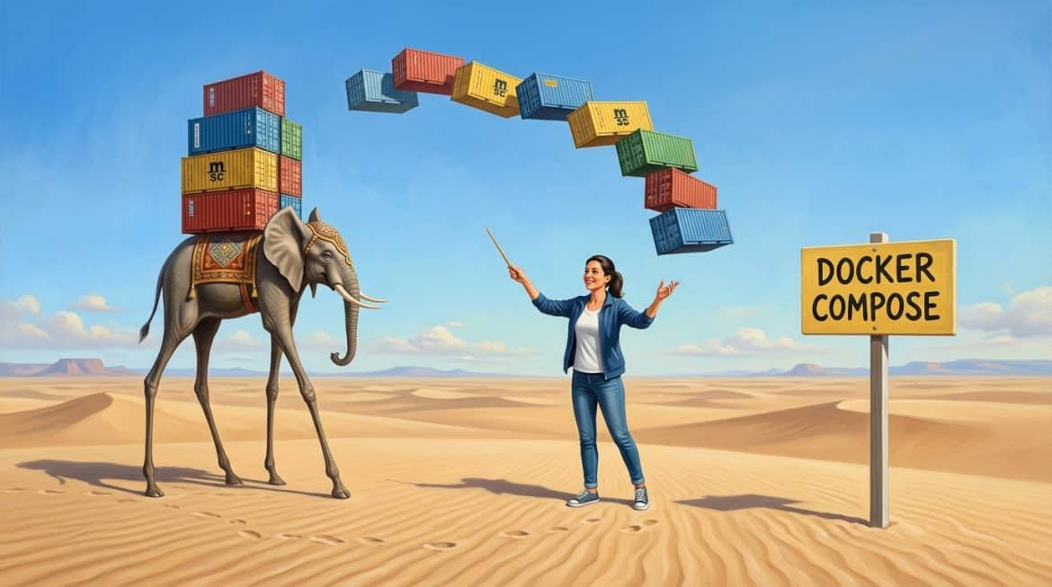 Surreales Gemälde mit Elefant, schwebenden Containern und Schild Docker Compose