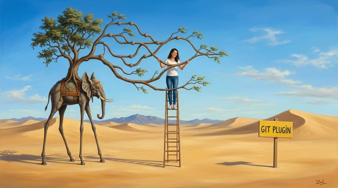 Surreales Gemälde mit Elefant, Baum aus Git Branches und Schild Git Plugin