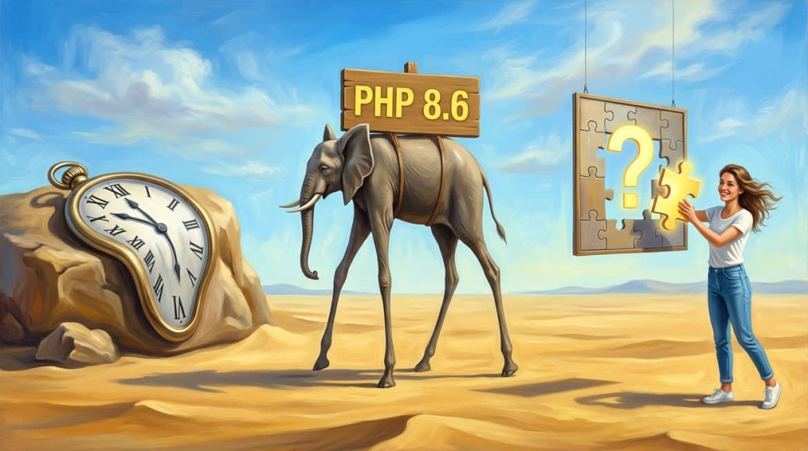 Surreales Gemälde: Elefant mit Schild PHP 8.6, schmelzende Uhr und Puzzleteil