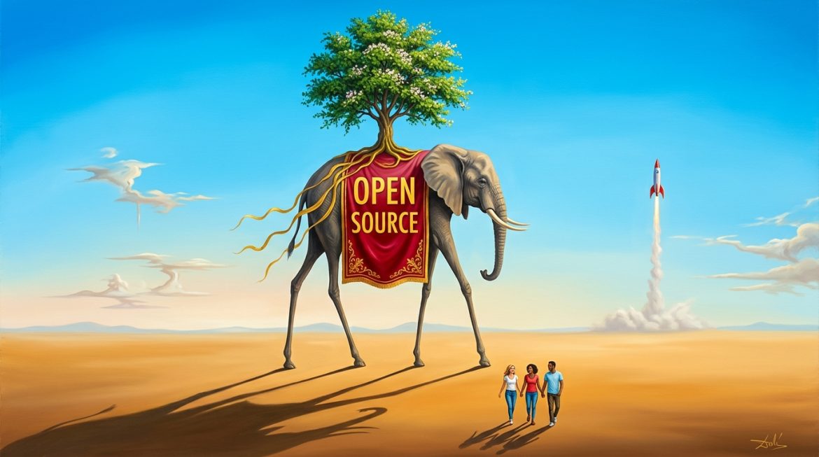 Surrealer Elefant trägt blühenden Baum und Banner OPEN SOURCE durch die Wüste