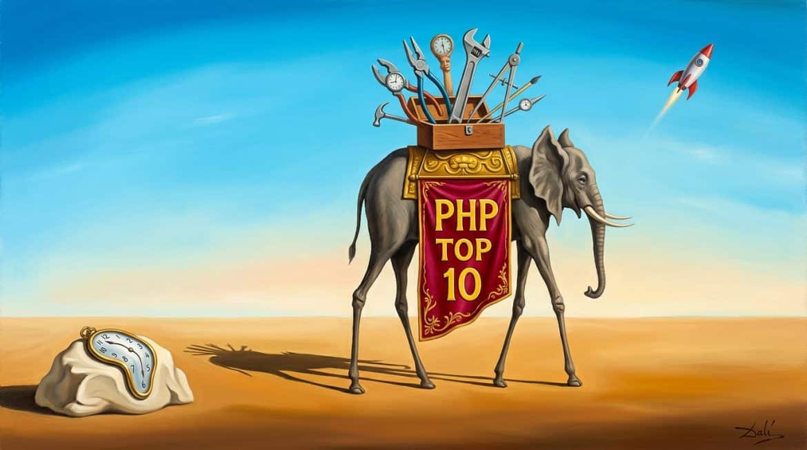 Surrealer Elefant auf langen Beinen trägt Werkzeugkasten und Banner PHP TOP 10