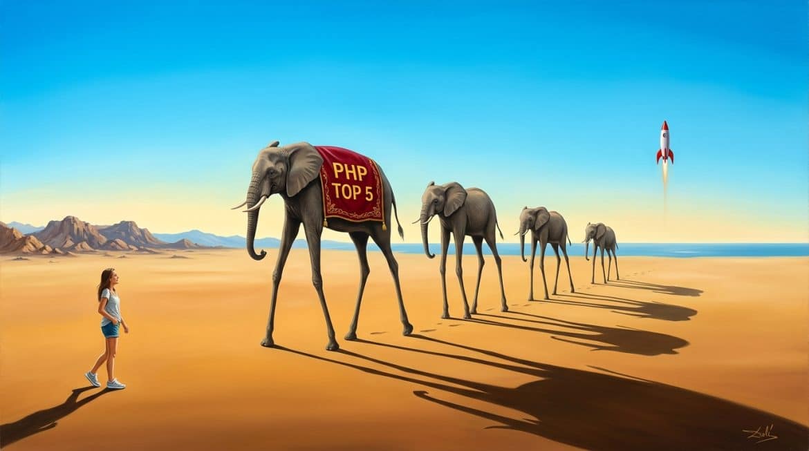 Fünf surreale Elefanten auf langen Beinen, der erste trägt Banner PHP TOP 5
