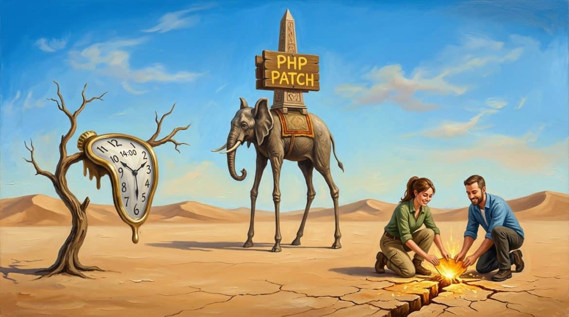 Surreale Wüste mit Elefant, Schild PHP PATCH und zwei Menschen, die einen Riss flicken