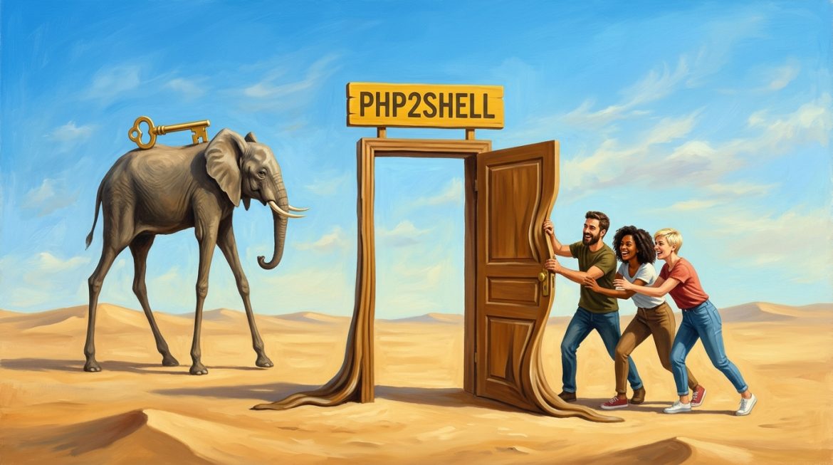 Surreale Wüste mit schmelzender Tür, Schild PHP2SHELL, Elefant mit Schlüssel und Menschen