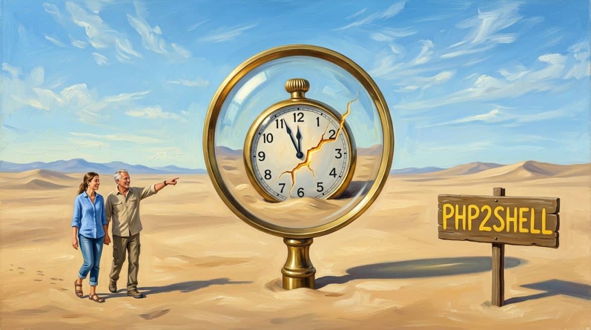 Surreale Wüste mit riesiger Lupe über rissiger Uhr, zwei Menschen und Schild PHP2SHELL