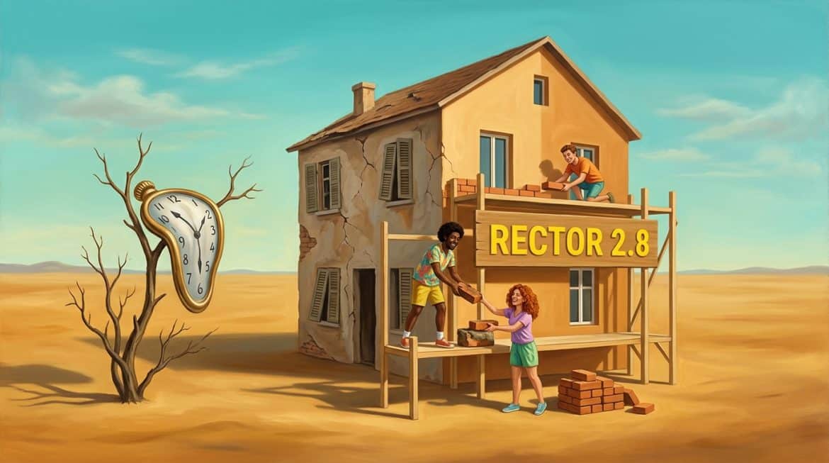 Gemälde im Dalí Stil: Haus im Umbau mit Schild Rector 2.8, Workerinnen am Gerüst