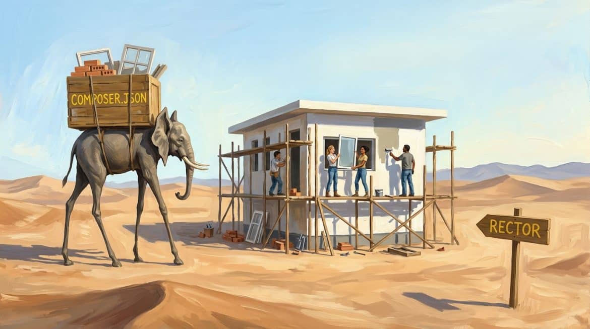 Surreales Gemälde: Elefant bringt composer.json Kiste zum Haus, das renoviert wird