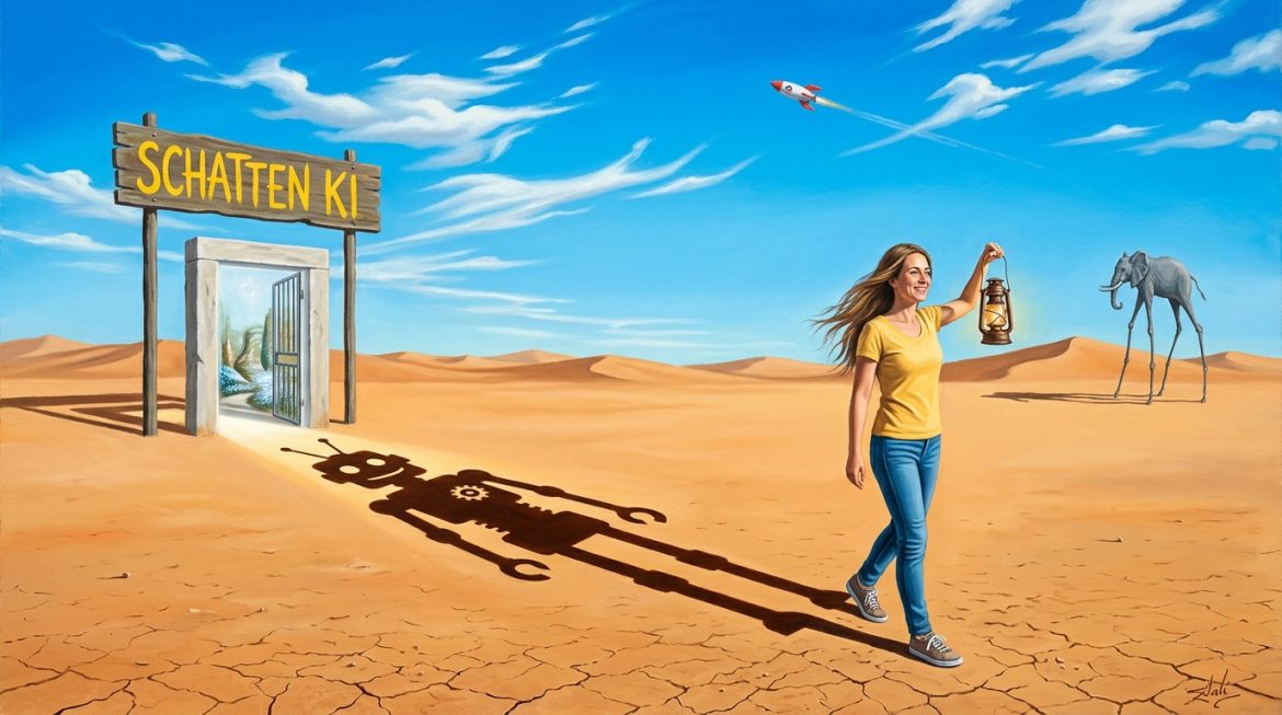 Surreales Gemälde: Frau mit Laterne, Schatten wie ein Roboter, Schild Schatten KI