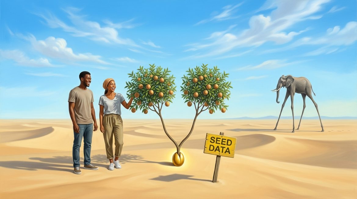 Zwei identische Bäume aus einem Samen, davor ein gelbes Schild Seed Data