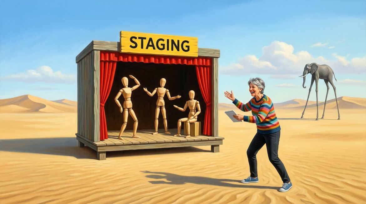 Bühne in der Wüste mit gelbem Schild Staging, Holzpuppen proben eine Szene