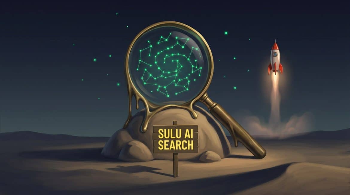 Schmelzende Lupe mit grünem Netz, gelbes Schild SULU AI SEARCH und Rakete