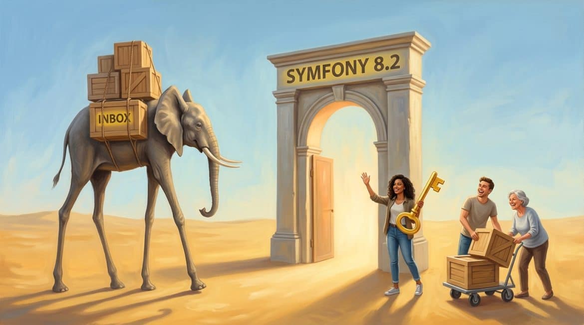 Gemälde im Dalí Stil: Tor mit Schriftzug Symfony 8.2, Elefant bringt Kisten