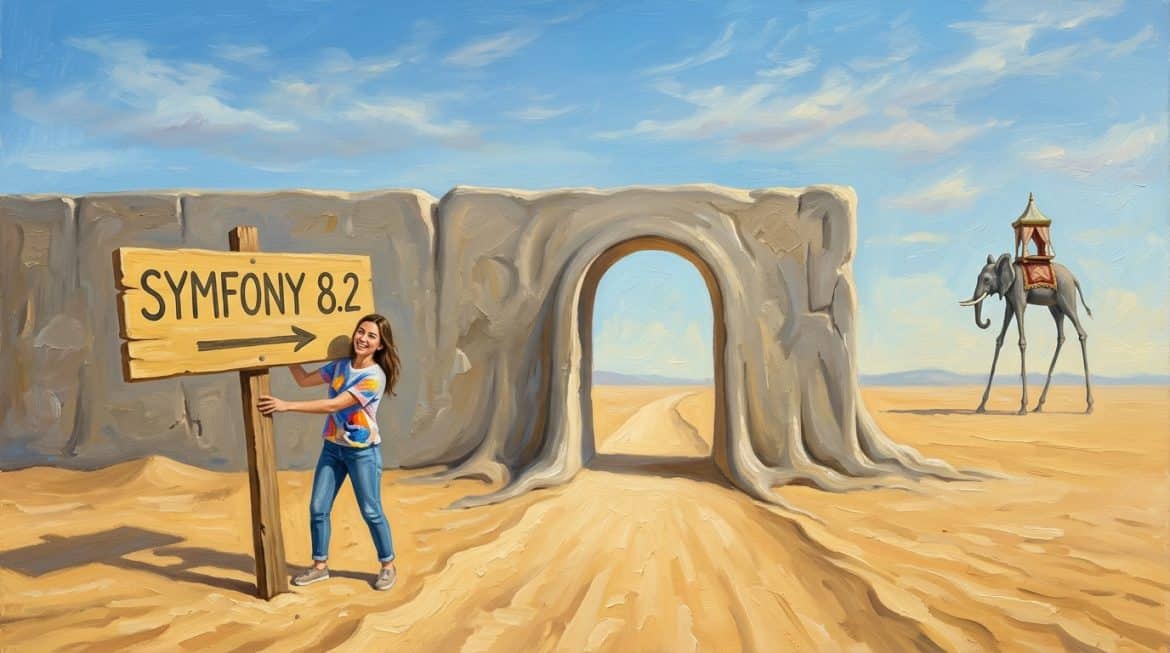Gemälde im Dalí Stil: Frau stellt Schild Symfony 8.2 vor offenem Torbogen auf