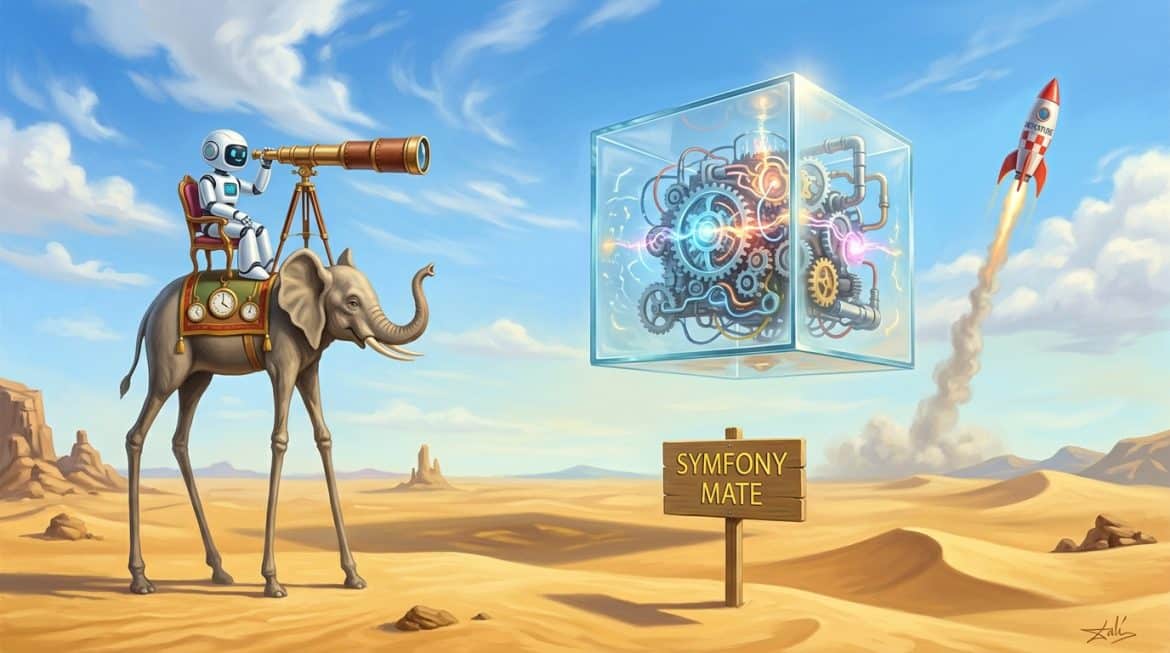 Goldene Wüste, KI Roboter auf Elefant blickt in Glaswürfel, Schild Symfony Mate