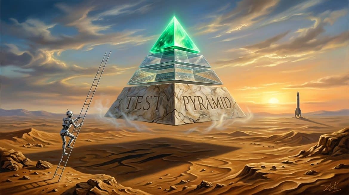 Ockerfarbene Wüste mit schwebender TEST PYRAMID und Roboter auf einer Leiter