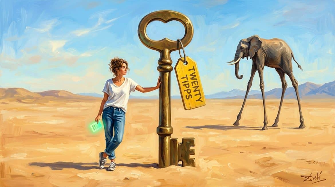 Surreales Gemälde: riesiger Schlüssel mit Anhänger Twenty Tipps, Frau lehnt daran, Elefant am Horizont