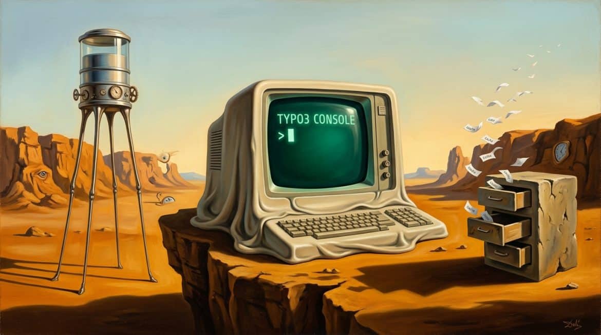 Ockerfarbene Wüste, schmelzendes Terminal mit TYPO3 Console Schriftzug