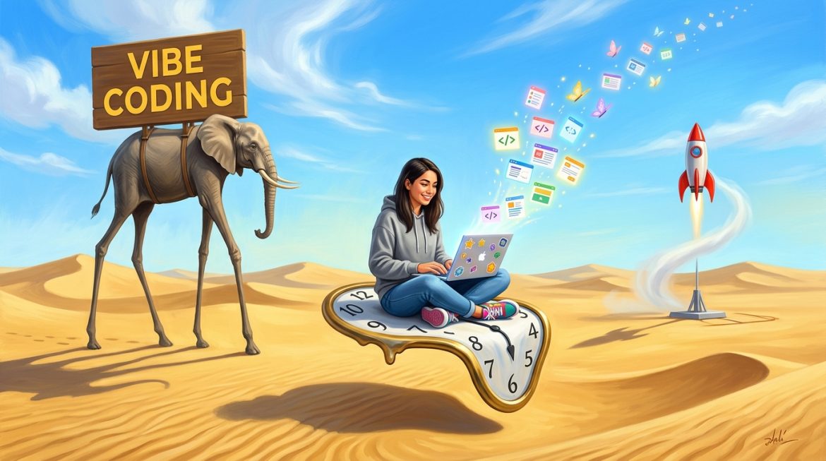 Gelbes Vibe Coding Schild auf Dalí Elefant, Frau mit Laptop auf schmelzender Uhr