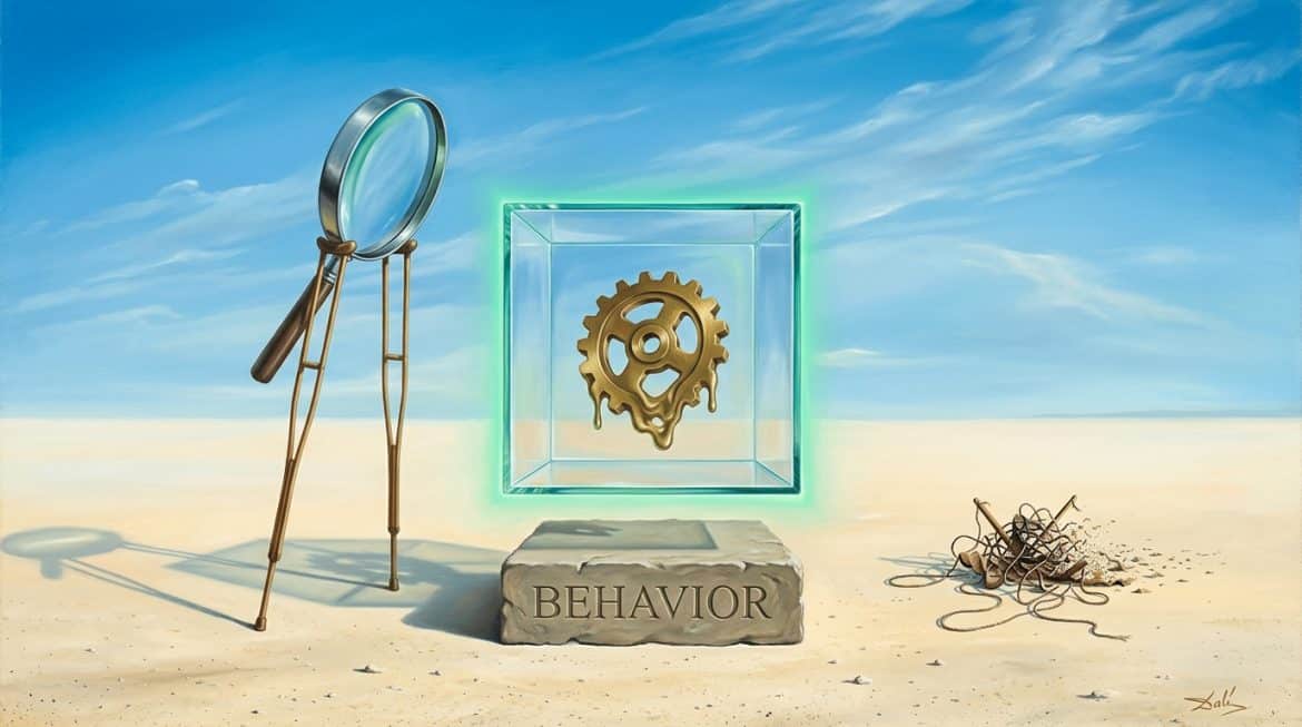 Blaue Wüste mit Glaswürfel BEHAVIOR, schmelzendem Zahnrad und Lupe auf Stelzen