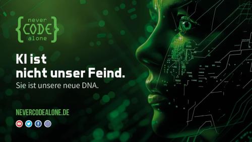 KI ist nicht unser Feind. Sie ist unsere neue DNA. Titel Slide im Matrix Stil mit Portrait einer Dame.